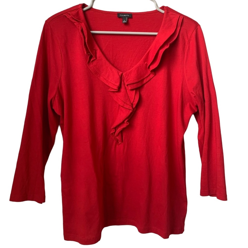 TALBOTS Women’s Red V Neck Ruffle Neck 3/4 Sleeve Tee Shirt Top Size: Large
